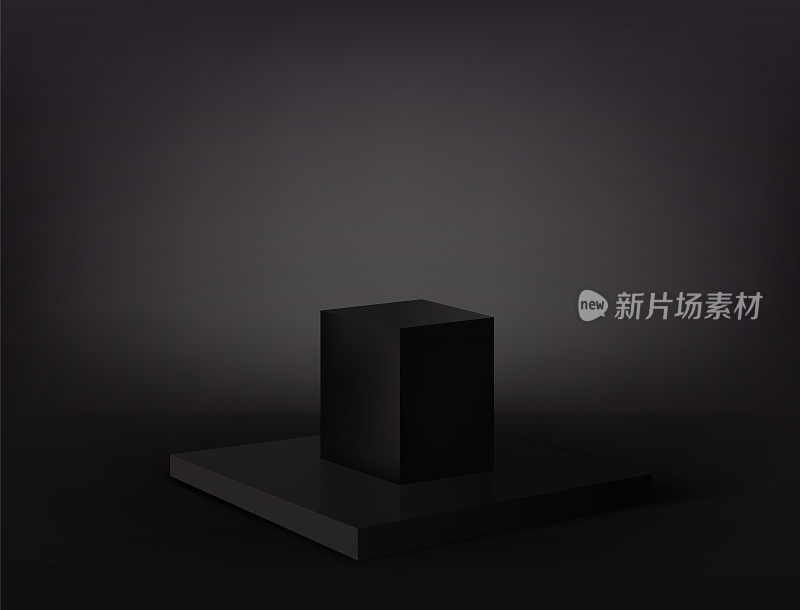 黑色矩形讲台与黑色立方体支架。展示台:展示或推销产品的舞台三维矢量渲染。