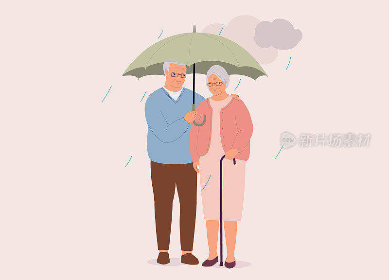 雨天带伞的老年夫妇。