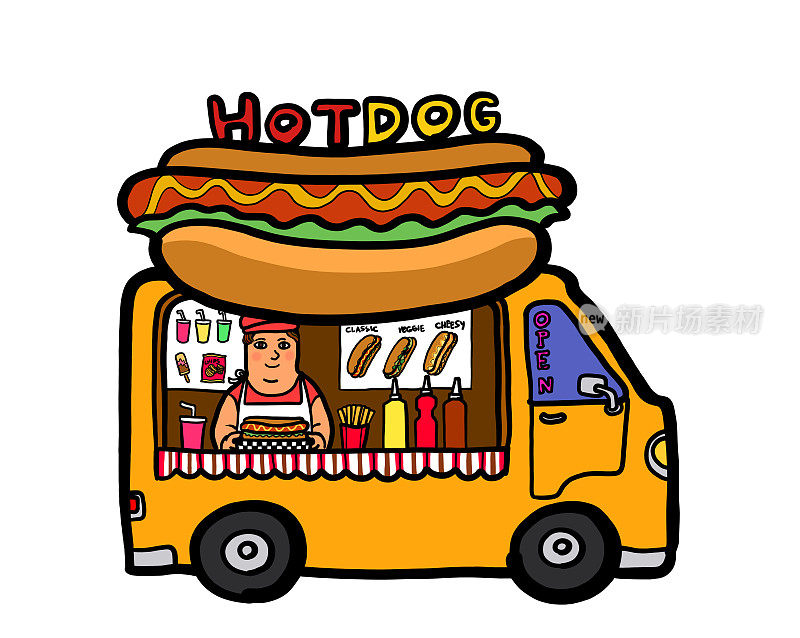 街头小吃车的热狗。插图漫画。