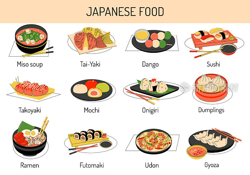 明亮的亚洲食物矢量插图。