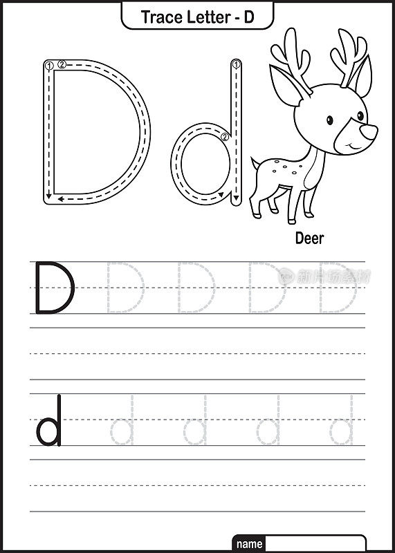 字母跟踪字母A到Z学龄前工作表与字母D鹿亲矢量