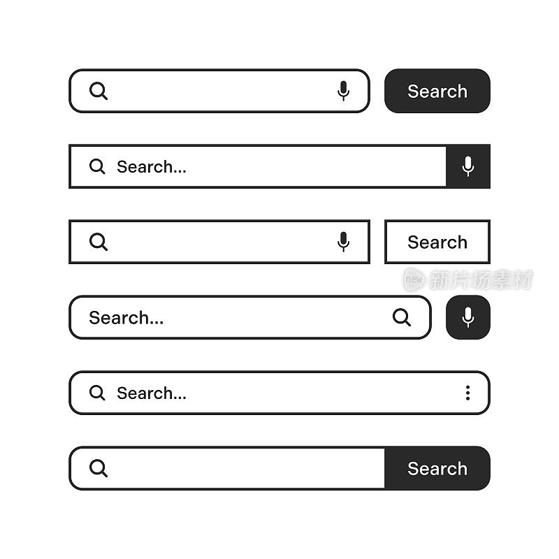 具有轮廓边界的各种搜索条。Internet浏览器引擎与搜索框，地址栏和文本字段。UI设计，网站界面元素，网页图标和按钮。矢量图