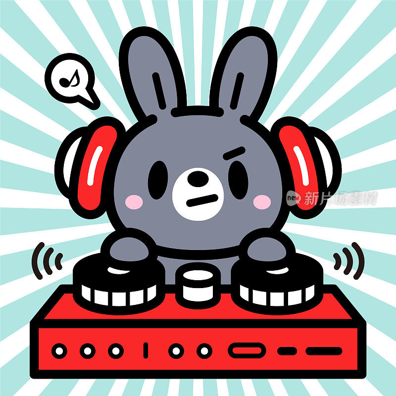 可爱的角色设计,一只兔子戴着耳机,在唱盘上演奏
