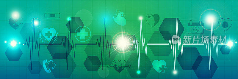 医学和心脏病学的概念在平面风格。抽象的彩色背景与心脏学图标的背景上的脉搏。心血管疾病的诊断和预防。