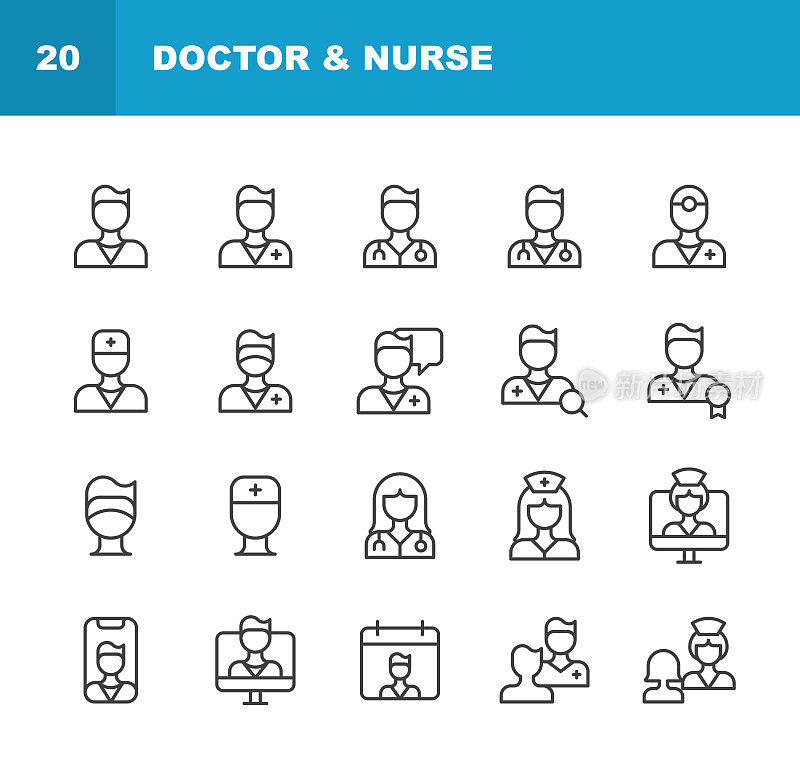 医生和护士线图标。可编辑的中风。像素完美。移动和Web。包含这样的图标，如护理，诊所，医生，医疗保健，医院，口罩，医生，医药，护士，病人，医生，听诊器，外科医生，治疗，制服。