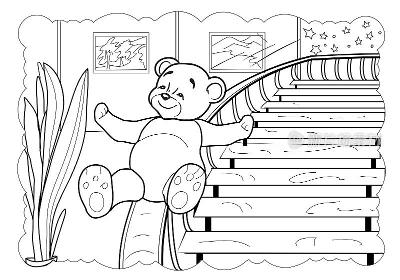 泰迪滑动。泰迪熊涂色页。一只泰迪熊走下楼梯。