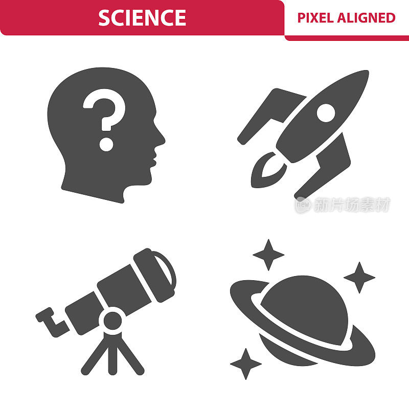 科学的图标。知识，头部，火箭，望远镜，行星，空间，天文学