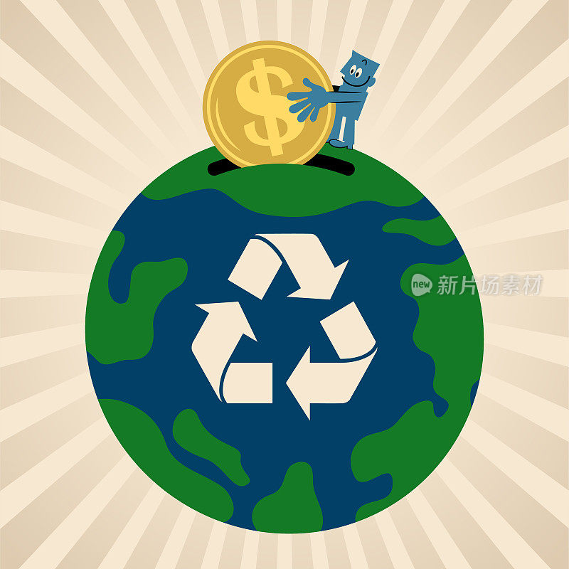 在可持续经营、发展清洁生态地球基金和环境保护的概念下，蓝人将钱投入到地球上，并带有回收符号