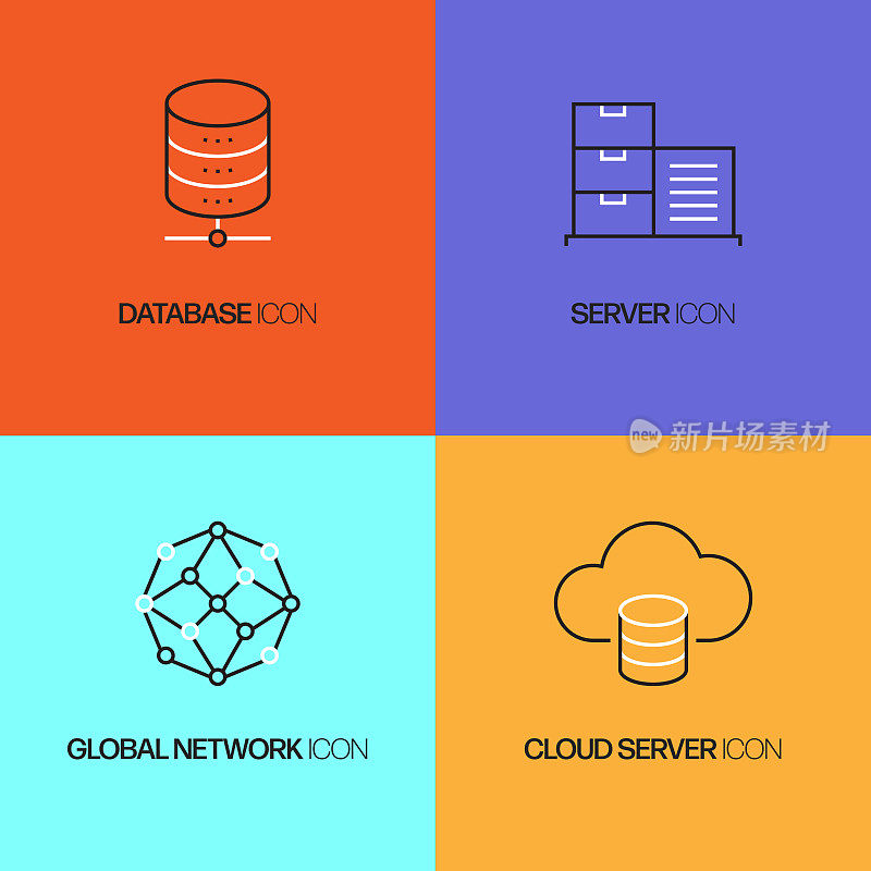 网络技术相关的矢量线图标。轮廓符号集合