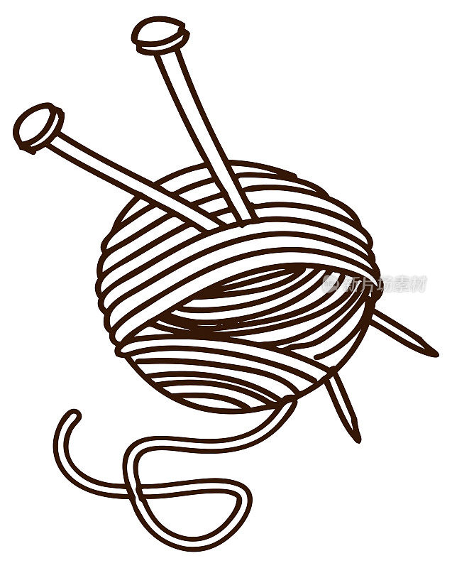 编织，羊毛球和针插图