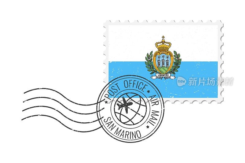 圣马力诺垃圾邮票。复古明信片矢量插图与圣马力诺国旗隔离在白色背景上。复古的风格。