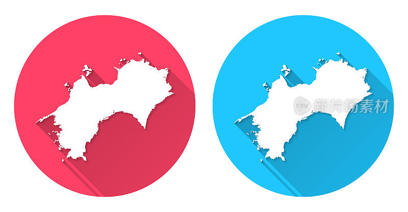 四国的地图。圆形图标与长阴影在红色或蓝色的背景