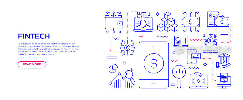 为网页、标题、小册子、年度报告和书籍封面设计金融科技相关的线条风格横幅