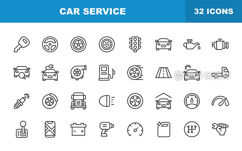 汽车服务和汽车修理店线图标。可编辑的中风。包含这样的图标,汽车事故,机械师,方向盘,轮胎,车轮,汽车油,车库,汽车镜子,导航,电池,车辆。