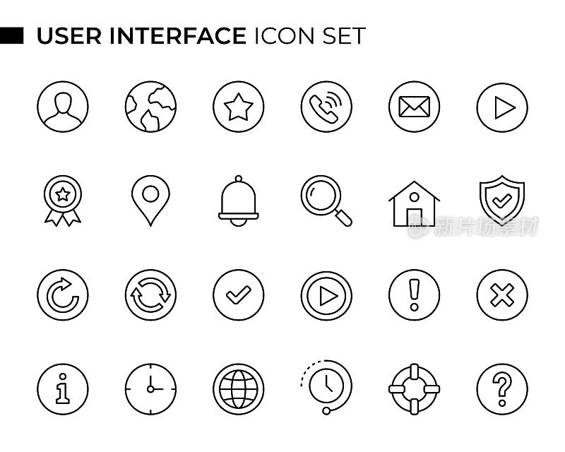 用户界面概念细线图标集包含头像，主页，电话，信息，邮件，支持，收藏，全球等图标