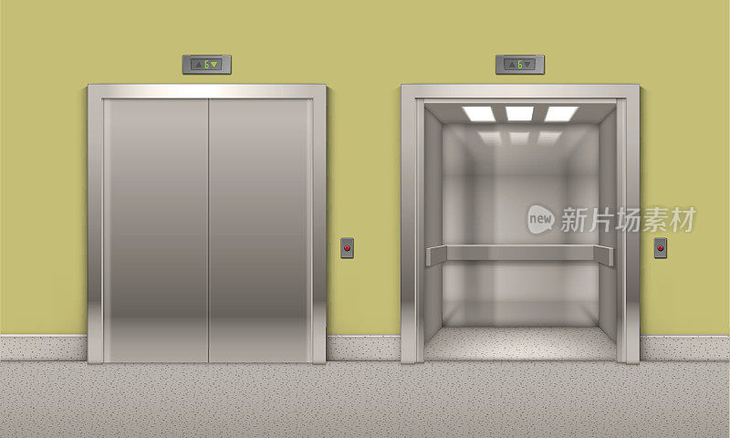 现实的开放和关闭的铬金属办公大楼电梯门孤立的背景