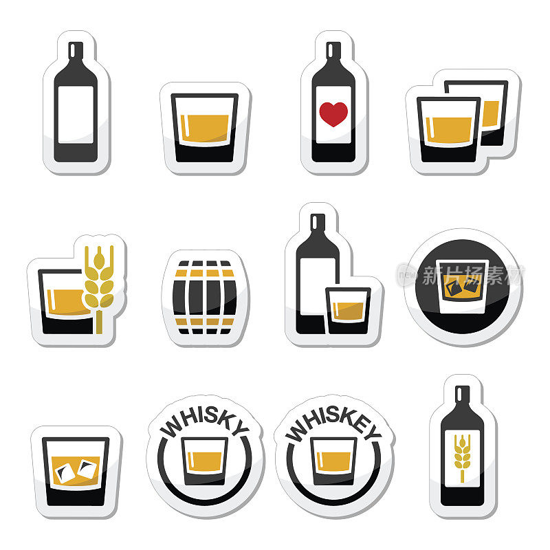 威士忌或威士忌酒精图标集