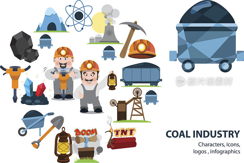 煤炭行业的图标、人物、信息图表。