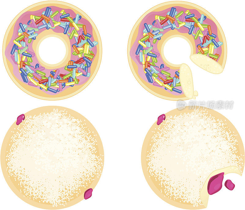 甜甜圈;粉状、果冻状和撒粉状。