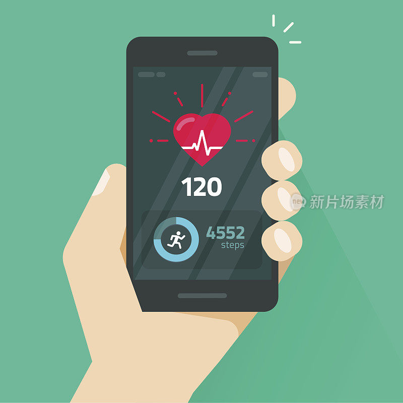 手机屏幕上的心跳指示器，带有心跳和跑步活动信息的脉搏仪，手机上的健身健康app矢量