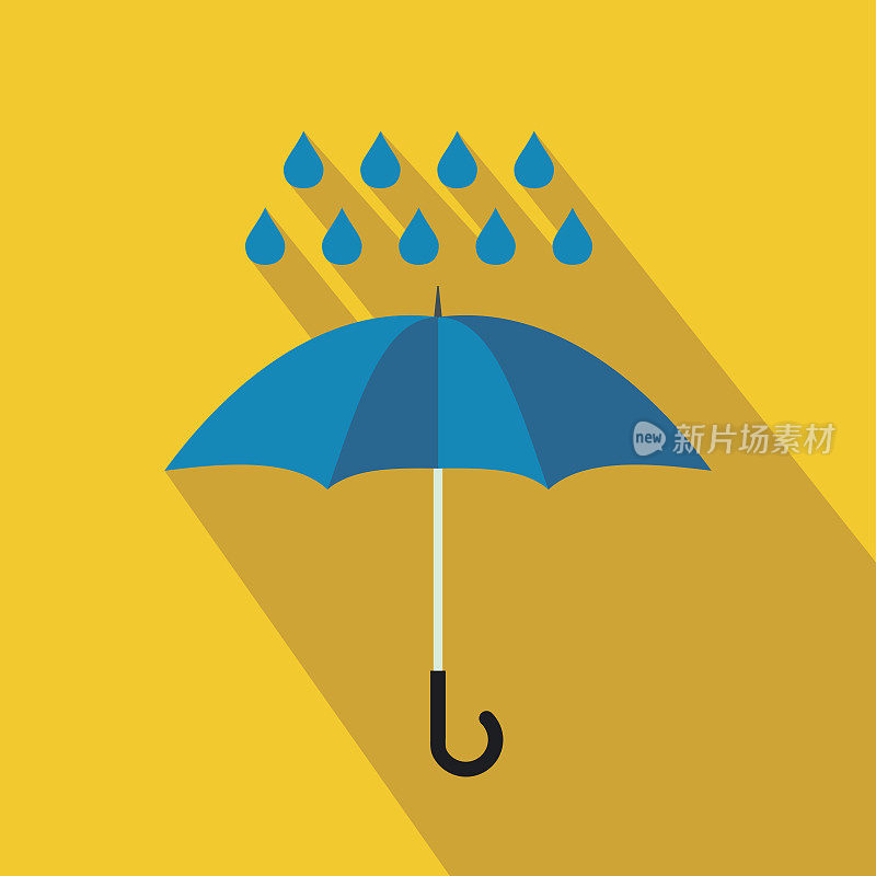 蓝色的伞和雨滴图标，平的风格