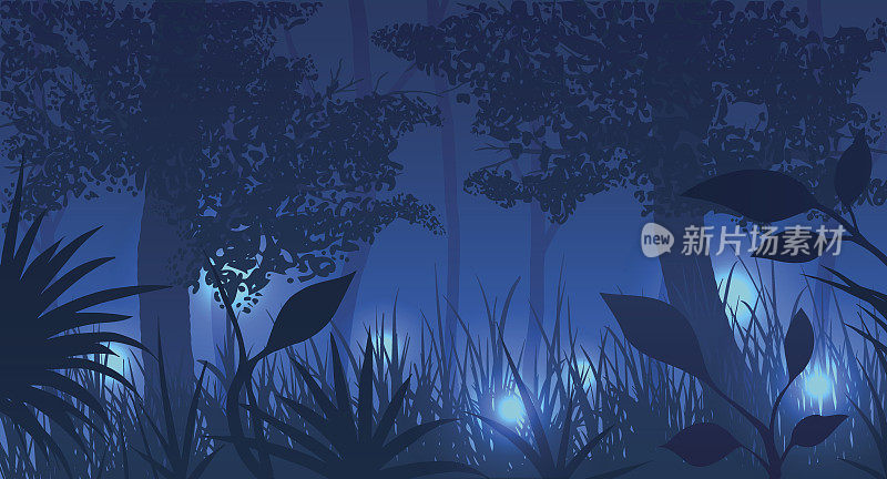 夜间萤火虫闪烁的森林。矢量插图。