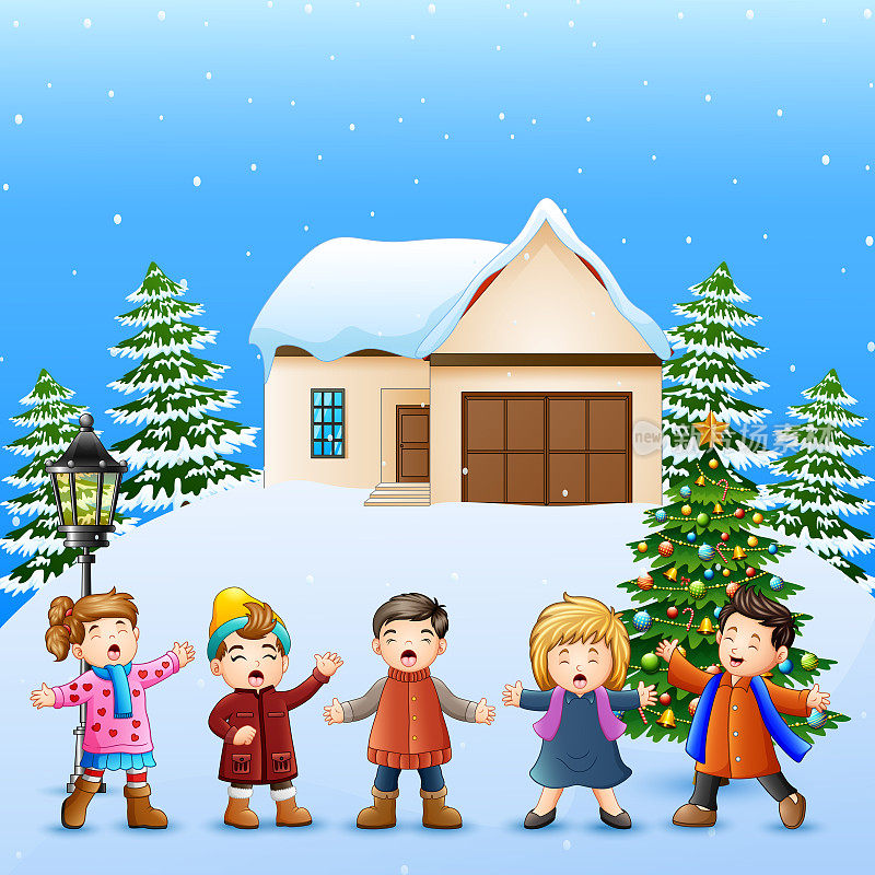 快乐的孩子在雪村歌唱