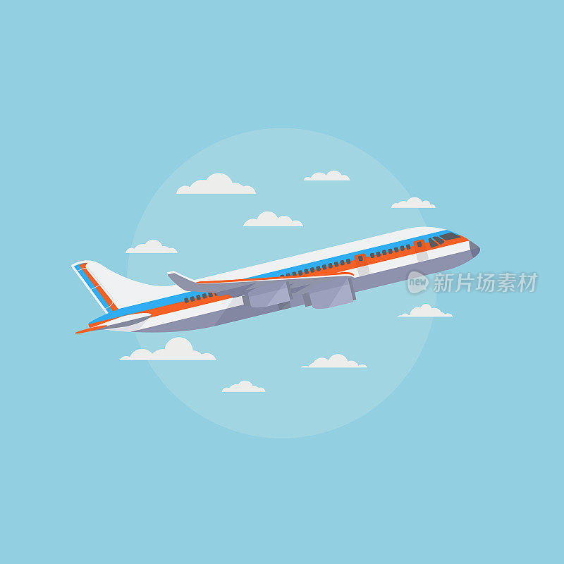 飞机在蓝天白云。旅行和航空货运矢量概念