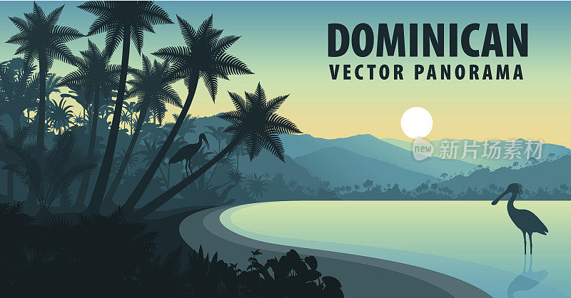 多米尼加共和国与海滩和琵鹭的矢量全景图