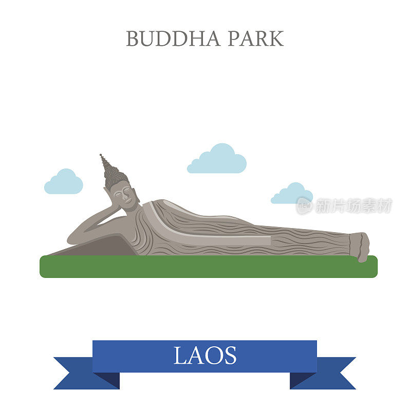 老挝的佛陀公园。平面卡通风格的历史景点展示景点网站矢量插图。世界各国城市度假旅游观光亚洲收藏。