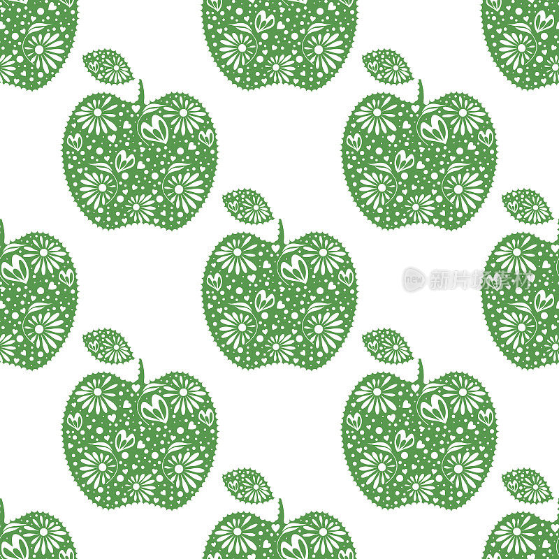 无缝矢量图案，明亮的水果对称的背景与绿色装饰观赏苹果，在白色的背景上。果蔬无缝图案系列。