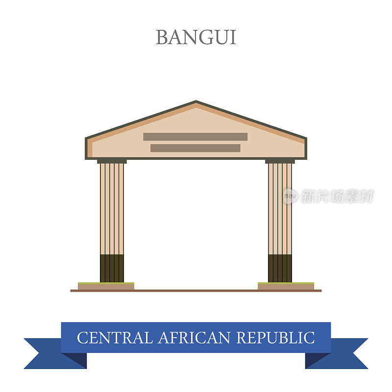 平面卡通班基网站矢量插图。中非共和国国家观光非洲。地标和世界著名的展示厅概念。