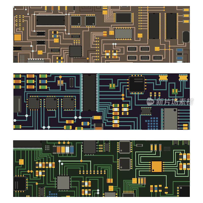 计算机芯片技术、处理器电路、主板信息系统矢量图