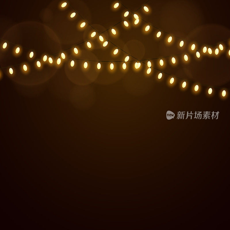 黑色背景上的圣诞金色灯光。庆祝的背景。金花环。发光的椭圆形灯泡。矢量图