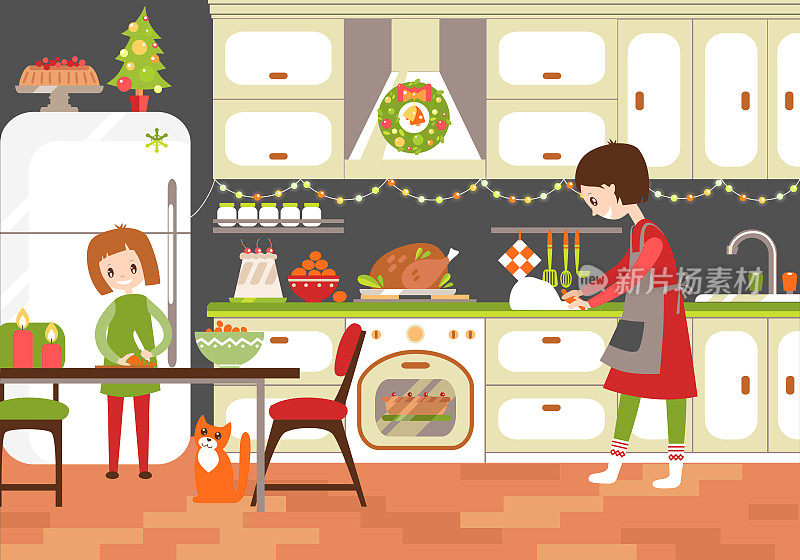 妈妈和女儿一起在厨房烹饪圣诞大餐