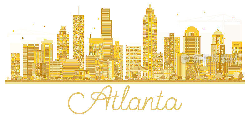 美国亚特兰大城市天际线金色剪影。