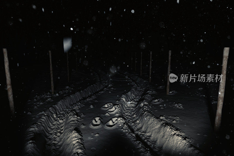在雪覆盖的道路上照亮头灯在晚上的3d渲染