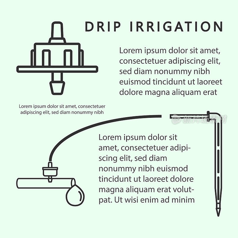 用于灌溉和灌溉系统的线性矢量图标。一个滴管，一个滴管和一个文本的地方。矢量插图。
