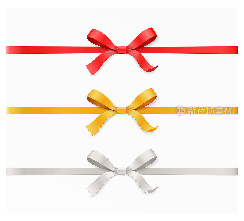 红色，金色，银色蝴蝶结和丝带孤立在白色背景上。矢量插图3d俯视图