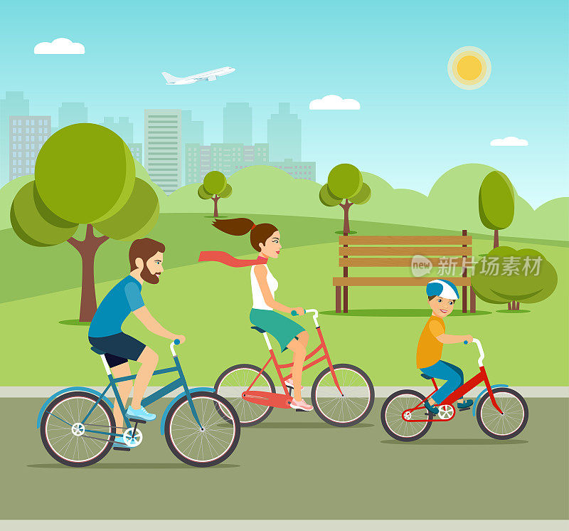 年轻的爸爸妈妈和儿子在公园里骑自行车。活跃的家庭在公园里骑自行车。平面向量插图