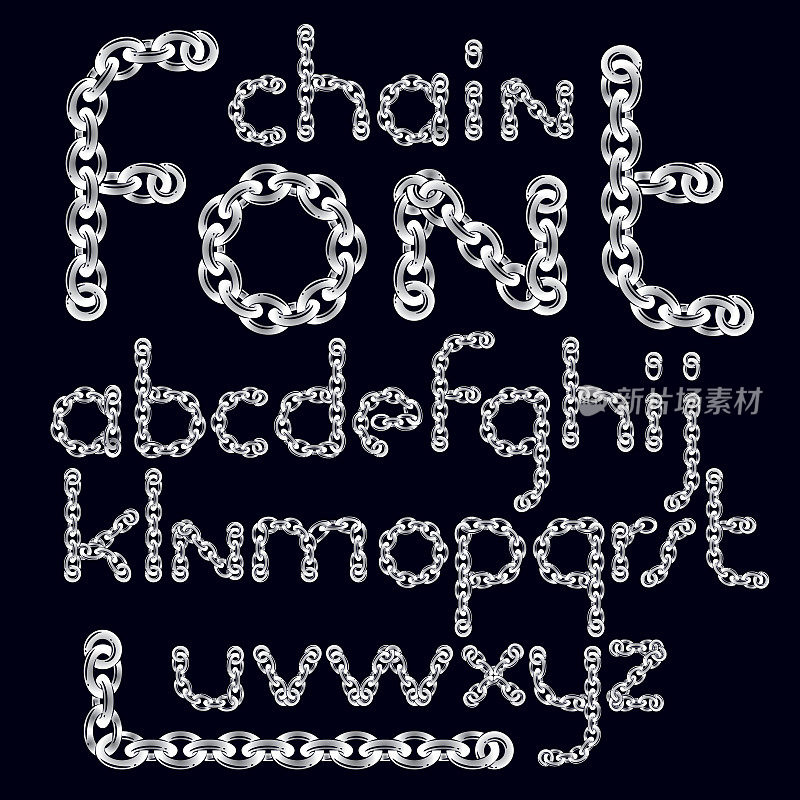 向量英文字母集合。使用连接链创建的小写装饰字体link。