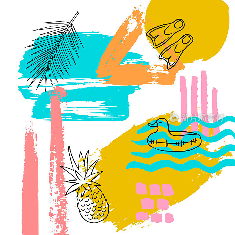 手绘抽象离奇的夏日度假海滩画刷艺术笔触纹理和勾勒拼贴卡背景与菠萝，椰子棕榈叶，潜水鳍鸭漂浮涂鸦