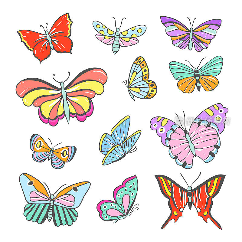 彩色蝴蝶手绘矢量集。可爱的昆虫插图，飞舞的蝴蝶和蜻蜓