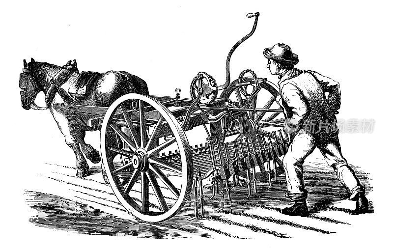 农业百科全书中的古董插图、工具和技术:播种、播种机