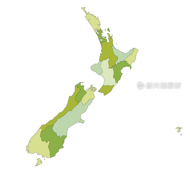 高度详细的可编辑的政治新西兰地图与分离层。
