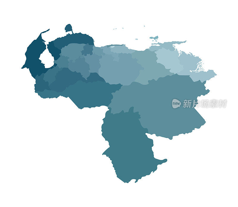 矢量孤立图解简化行政地图委内瑞拉。地区边界。五颜六色的蓝色卡其色轮廓