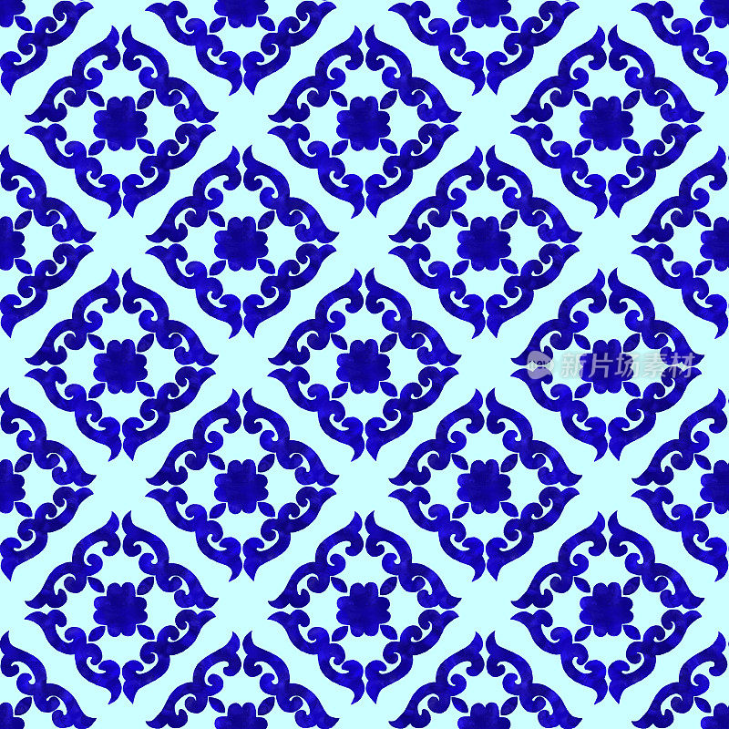 水彩手绘海军蓝瓷砖。矢量瓷砖图案，里斯本阿拉伯花卉马赛克，地中海无缝海军蓝装饰。