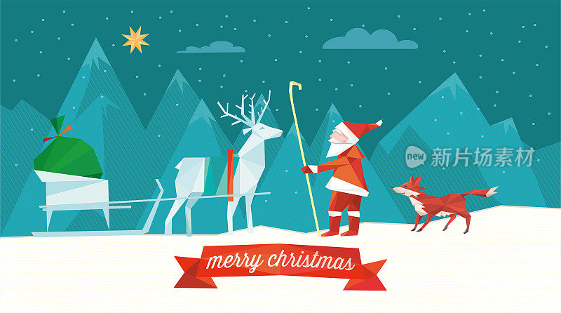 圣诞老人带着驯鹿雪橇和狐狸在冬天的风景
