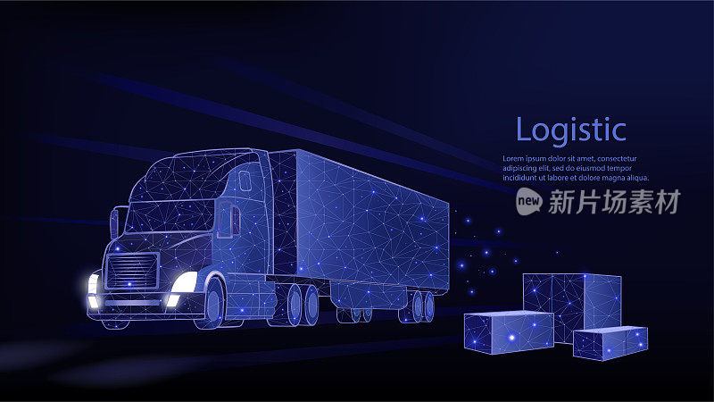 卡车。抽象矢量3d重型货车。孤立的蓝色。运输车辆，配送运输，货物物流概念。货运、国际快递行业。