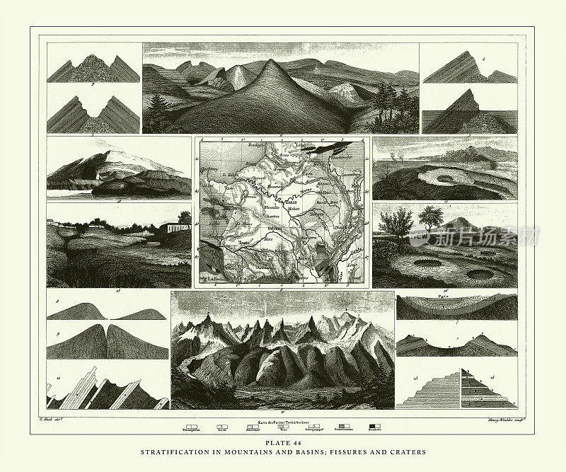 古雕、山水分层《裂缝和火山口雕刻古董插图》，出版于1851年